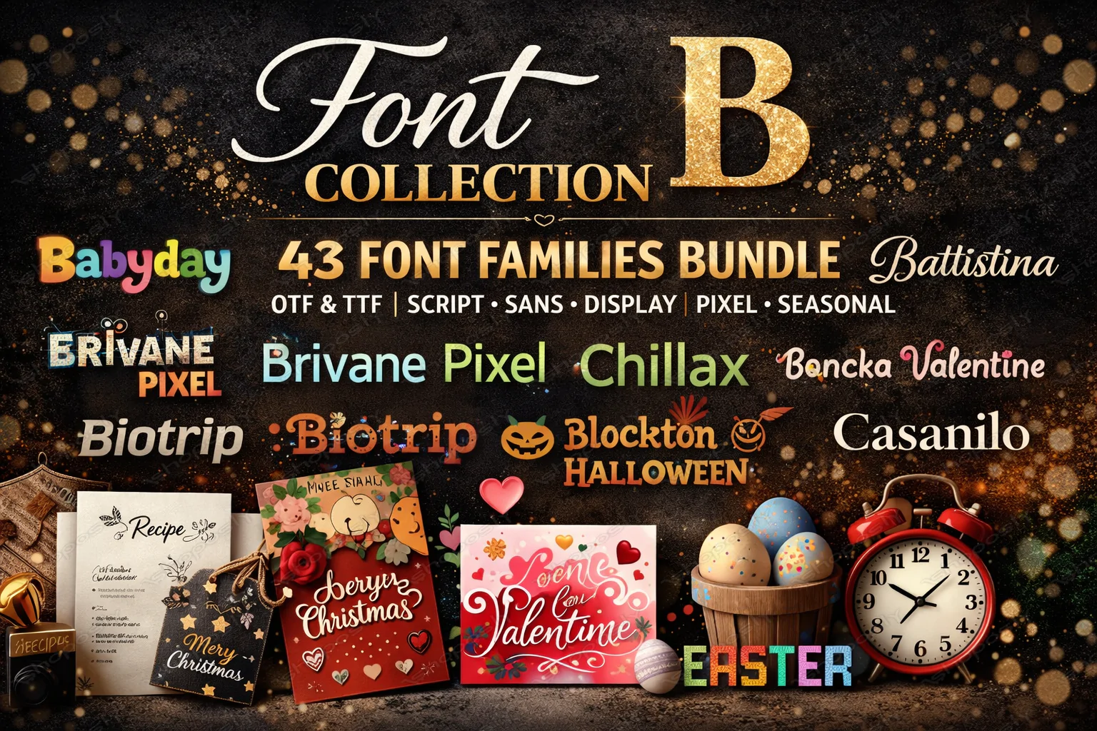 New 2026 Font Collection B – 43 Font Families Bundle (62 Files) | OTF + TTF | Script, Sans, Display