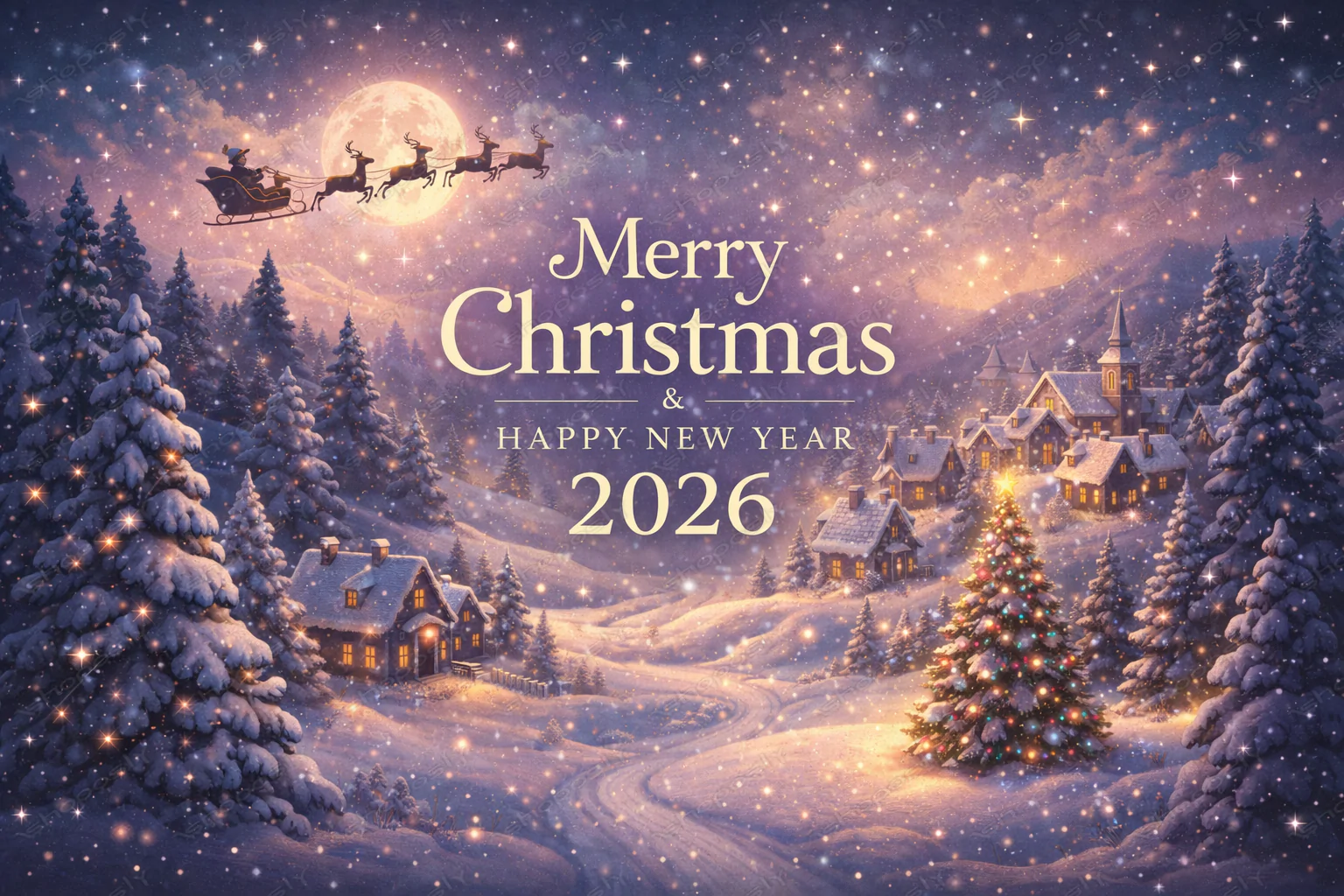 Moonlit Winter Village Magic – Merry Christmas & Happy New Year 2026 Dreamy Festive Vector Illustrat