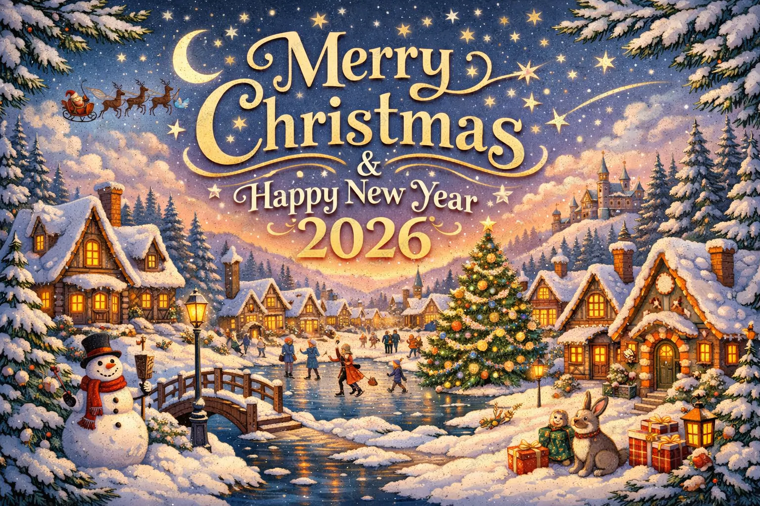 Enchanted Winter Village – Merry Christmas & Happy New Year 2026 Premium Festive Vector Illustration