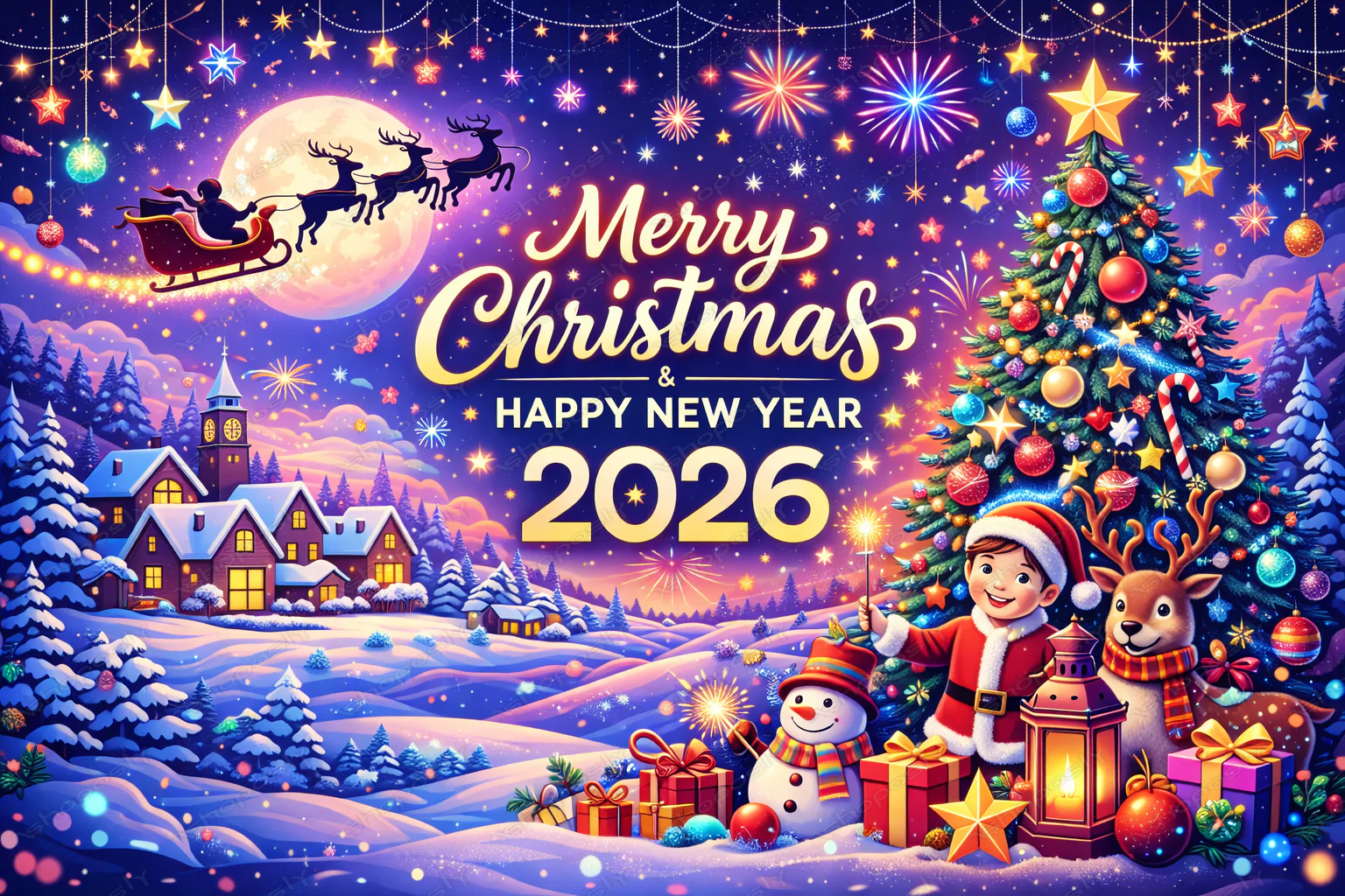 Magical Christmas Night Celebration – Merry Christmas & Happy New Year 2026 Whimsical Festive Vector