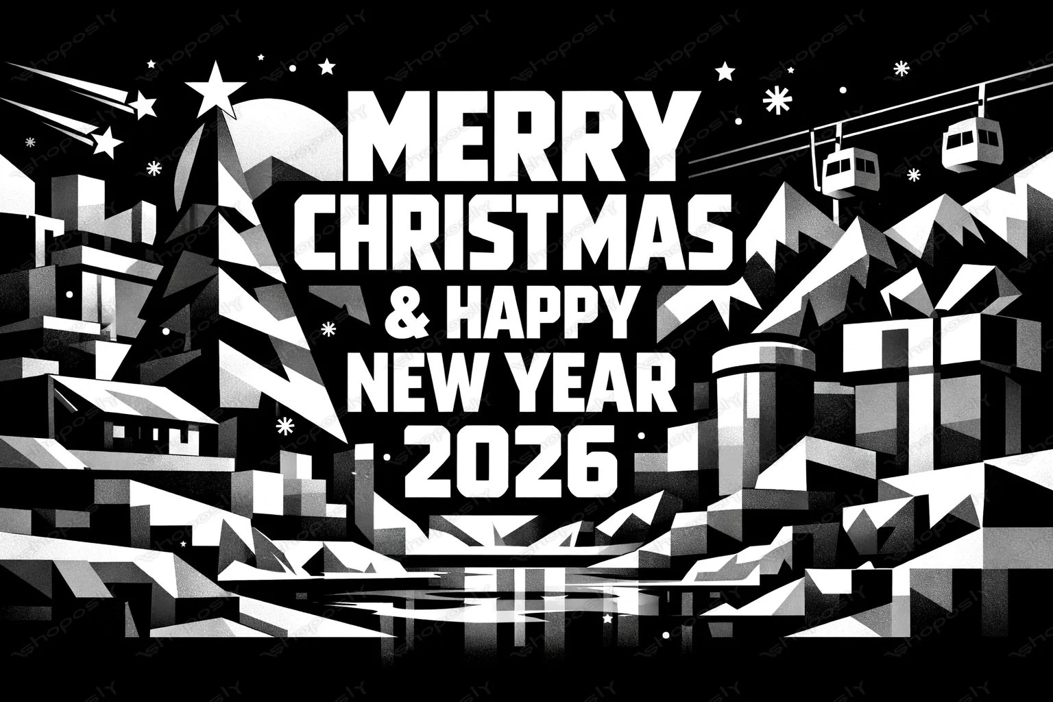 Merry Christmas & Happy New Year 2026 – Bold Monochrome Winter City Vector Poster