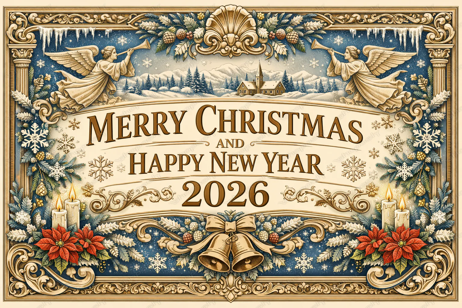 Royal Classical Christmas Banner – Merry Christmas & Happy New Year 2026 Ornate Vintage Vector Artwo