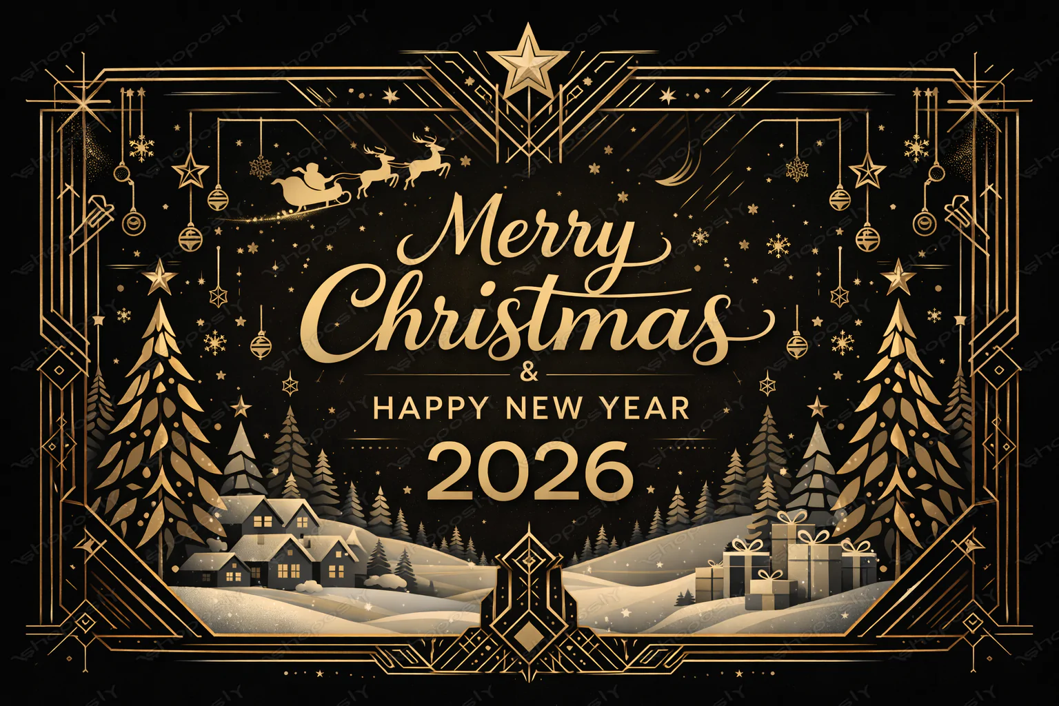 Merry Christmas & Happy New Year 2026 – Luxury Black & Gold Art Deco Winter Vector Scene