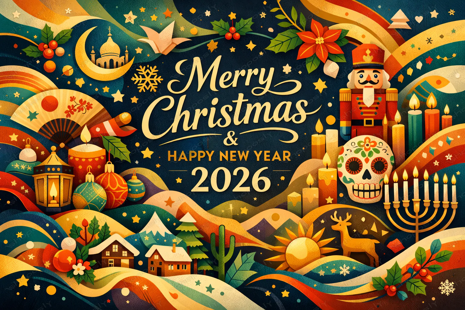 Global Holiday Harmony – Merry Christmas & Happy New Year 2026 Cultural Fusion Vector Artwork