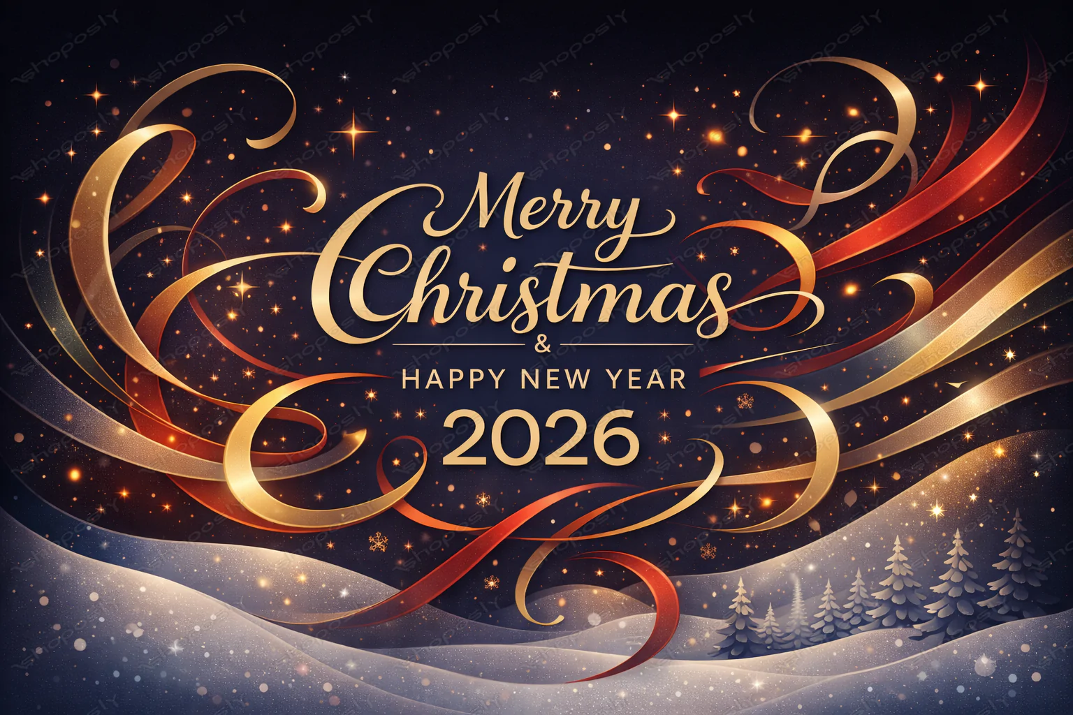 Golden Ribbon Nightfall – Merry Christmas & Happy New Year 2026 Luxury Festive Vector Artwork