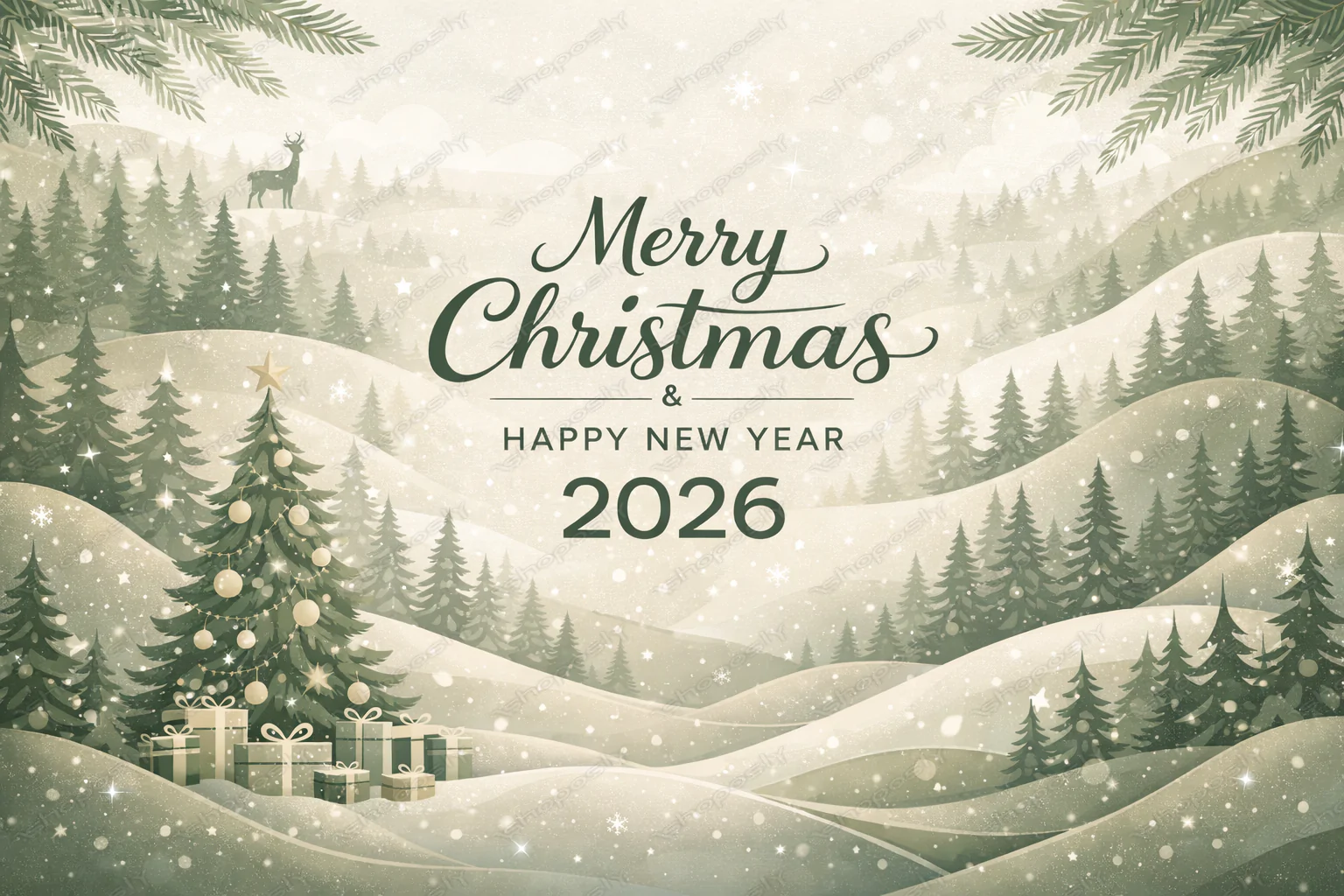 Serene Evergreen Winter–Merry Christmas & Happy New Year 2026 Elegant Nature-Inspired Vector Artwork